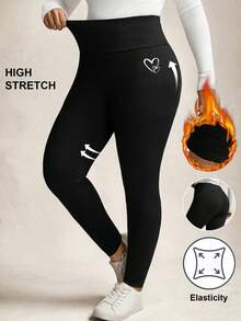 SHEIN LUNE 爱心印花加大码女式休闲打底裤，适合春夏穿着 - 黑色 - 查看 3