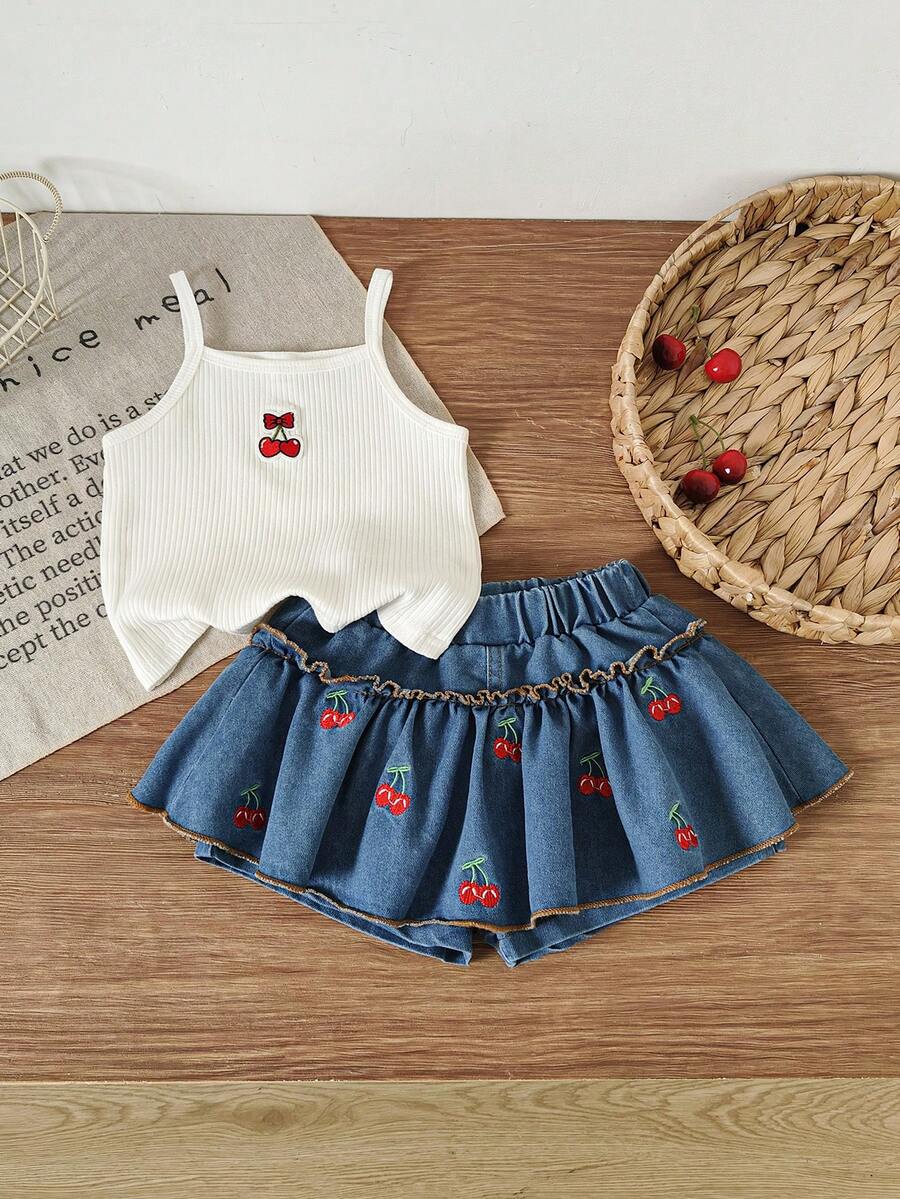 Genkimix Kids 2件組少女夏季甜美背心套裝，櫻桃刺繡羅紋上衣與雙層刺繡櫻桃牛仔裙褲，日常休閒度假穿搭