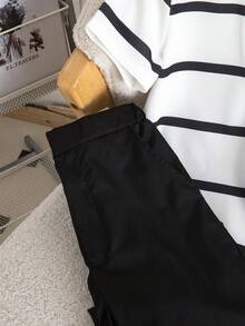 SHEIN 2pcs Boys' Outfit, Summer New Fashion Casual Elegant Striped Print Half-Zip Polo Shirt + Solid Black Straight Leg Pants Set, Suitable For Daily Outings, Gatherings, Commuting, Business Events, Summer - Black and White - View 4