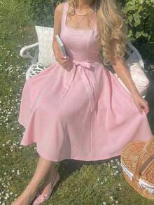 SHEIN MOD 女士优雅纯色无袖中长连衣裙，适合通勤 - 粉色 - 查看 2