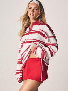 MISSGUIDED 高腰运动侧条纹迷你短裙，配有弹性腰带，适合夏季休闲运动。 - 紅色 - 查看 2