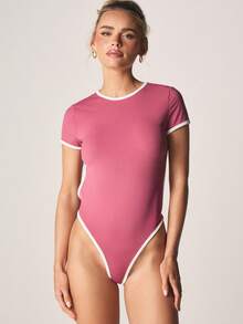 MISSGUIDED Contrast Trim Short Sleeve Crew Neck Bodysuit Fitted Casual Spring Summer Top - Red and White - View 5