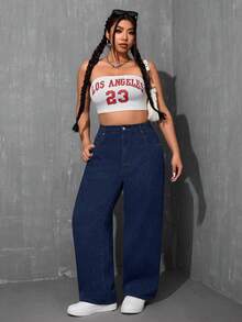 SHEIN ICON 大码纯色休闲牛仔裤 - 深色水洗藍 - 查看 4