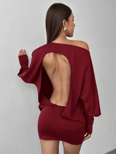 Aloruh Vestido mini asimétrico de hombros descubiertos y espalda descubierta, de punto elástico en color marrón café, para mujer