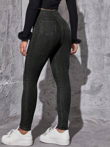 Flexra Women's Casual Commuting Simple Solid Color High Waist Skinny Jeans - Black - View 2