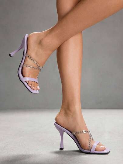 CUCCOO SZL Women's Square Toe Rhinestone Decor Elegant High Heel Sandals
