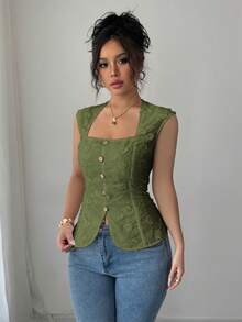 Elenzga 女士夏季外出、约会、海滩度假、波西米亚西部婚礼、音乐节时尚优雅甜美法式迷人浪漫编织白色刺绣方领复古纽扣腰部设计常规衬衫 - 軍綠色 - 查看 3