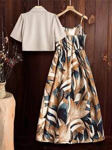 SHEIN Clasi Bộ đồ hai mảnh thanh lịch dành cho nữ, áo sơ mi ngắn tay và áo hai dây thiết kế âm dương thoải mái, trang phục thường ngày, mẫu mới cho mùa thu. - Màu vàng - Xem 9