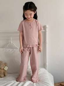DAZY Young Girl Striped Round Neck Ruffle Trim Short Sleeve Top And Wide Leg Pants Casual Loungewear Set - Pink - View 2