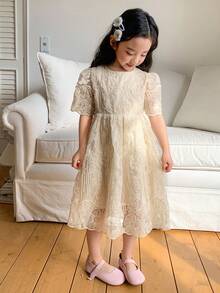 DAZY Young Girl Summer New Princess Cute Fashion Elegant Round Neck Embroidered Dress - Apricot - View 3