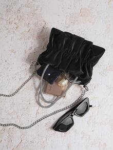 Enchnt 1pc PU Leather Bag, Party Handbag, Ruched Cloud Shaped Purse, Chain Crossbody Shoulder Bag - Black - View 2