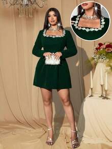 Viva Relle Dark Green Plus Size Mini Dress With Embellished Square Neck Long Sleeves And Flared Hem Zipper Details - Dark Green - View 8