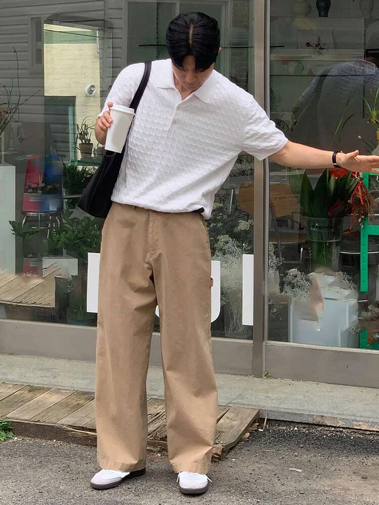 Men's Solid Color Polo Neck Knit Top, Summer