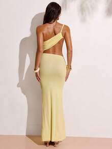 SHEIN BAE Women's Casual Vacation Ruched Waist Hollow Out Drawstring Oblique Shoulder Maxi Sexy Elegant Dress, Suitable For Beach Vacation, Girlfriend Gathering, Cocktail Party, Brunch Party, Birthday Party, Wedding, Yellow Dress, Sexy Yellow Dress - Light Yellow - View 2