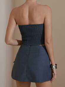 Aveloria Modichic 女士炭灰色手工蝴蝶结3D立体花卉抹胸露脐上衣和迷你裙两件套，适合约会、购物、派对、夜店等场合。 - 灰色 - 查看 2