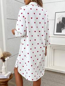 Cévolie Casual Retro Elegant Commuter Versatile Spring/Summer Shirt Dress, Red & White Heart Print Pattern, Couple Style, Front Pocket Design, With Belt - Red and White - View 2
