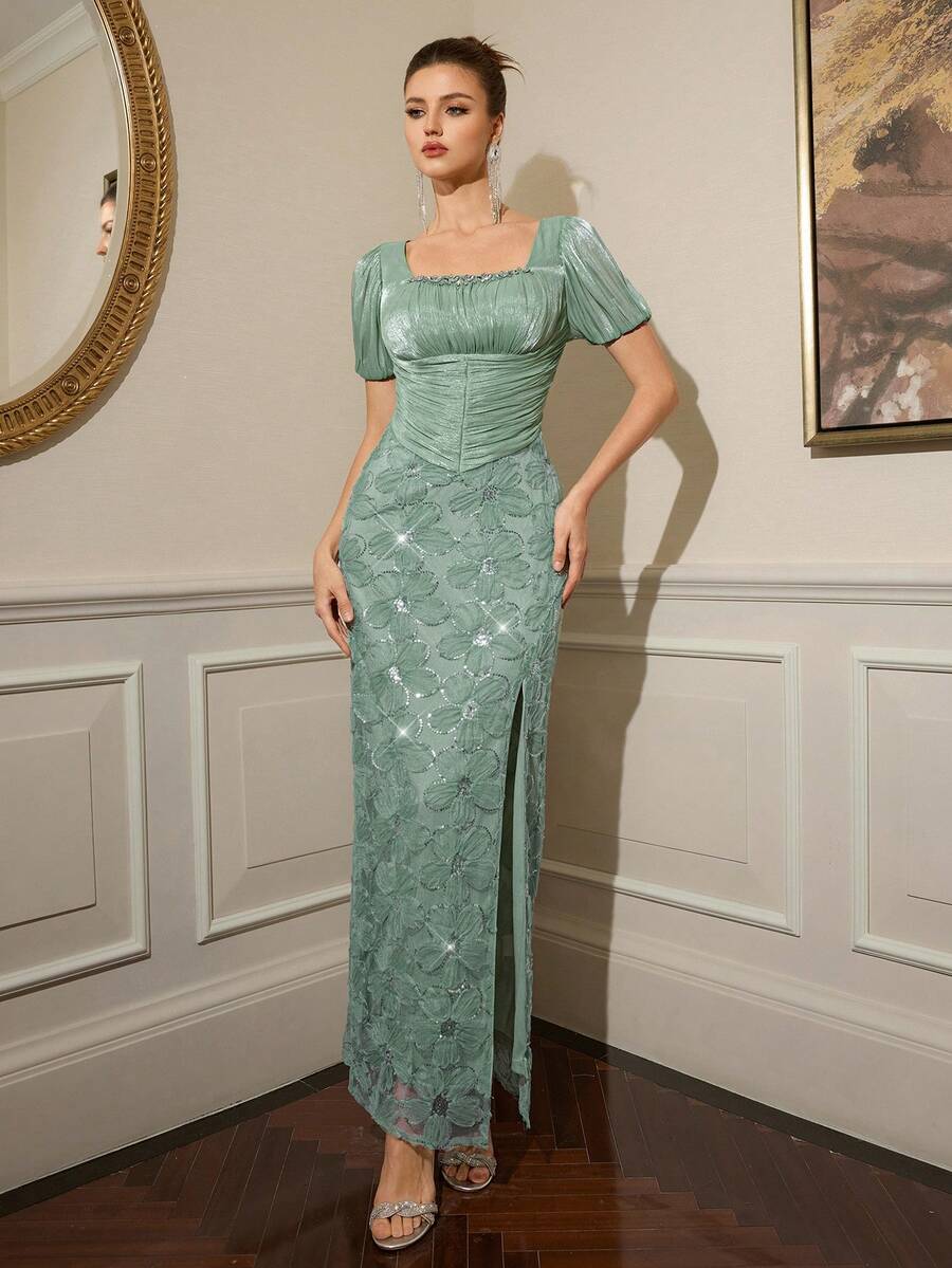 Poshira Women's Cocktail Party Fitted Shiny Luxury High-End Formal Dress - Green - View 1