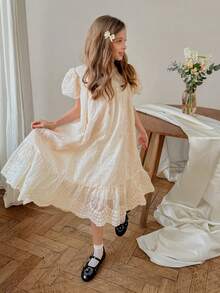 DAZY Tween Girl Jacquard Crew Neck Short Puff Sleeve Ruffle Hem Cute Dress - Beige - View 4
