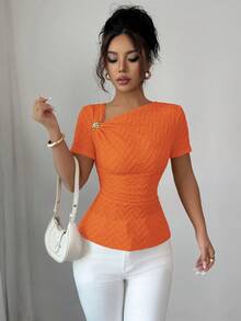 Elenzga 女士优雅不对称领口3D玫瑰金纽扣装饰短袖T恤 - 亮橙色 - 查看 5