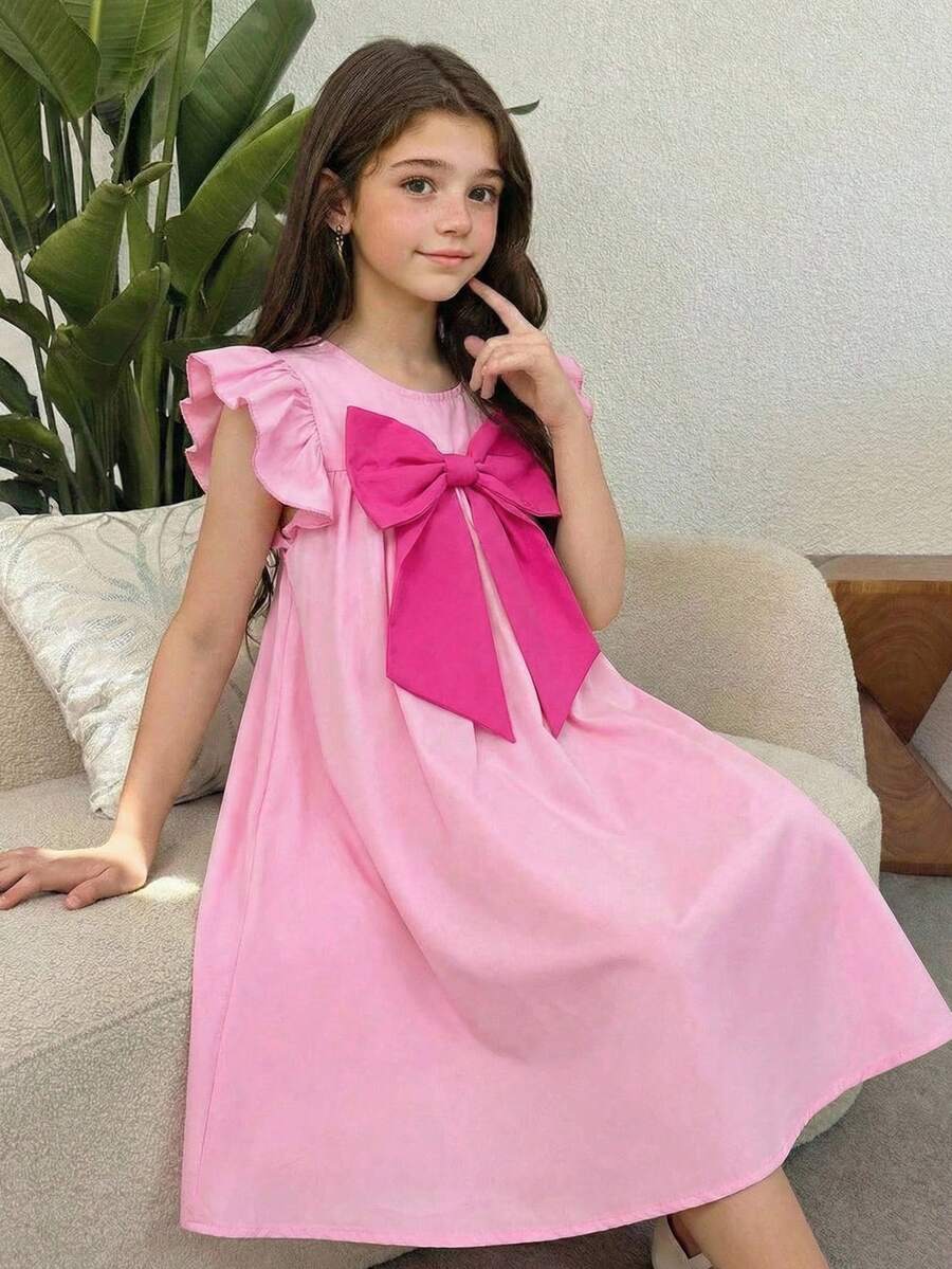 SHEIN Tween Girl Color Block Bow Accent Flutter Sleeve A-Line Dress, Fuchsia,Kids - Baby Pink - View 1
