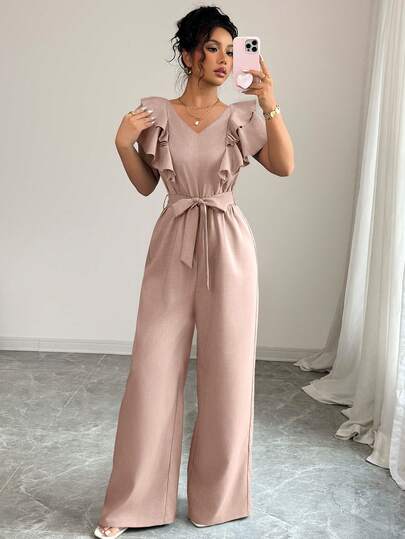 Elenzga Elegant Pink Polyester Long Unitard With V Neck Tiered Layer Petal Sleeve