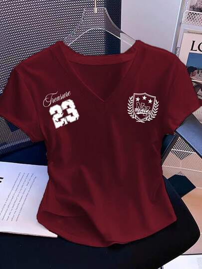 SHEIN EZwear 女士街头风印花V领褶皱短袖T恤