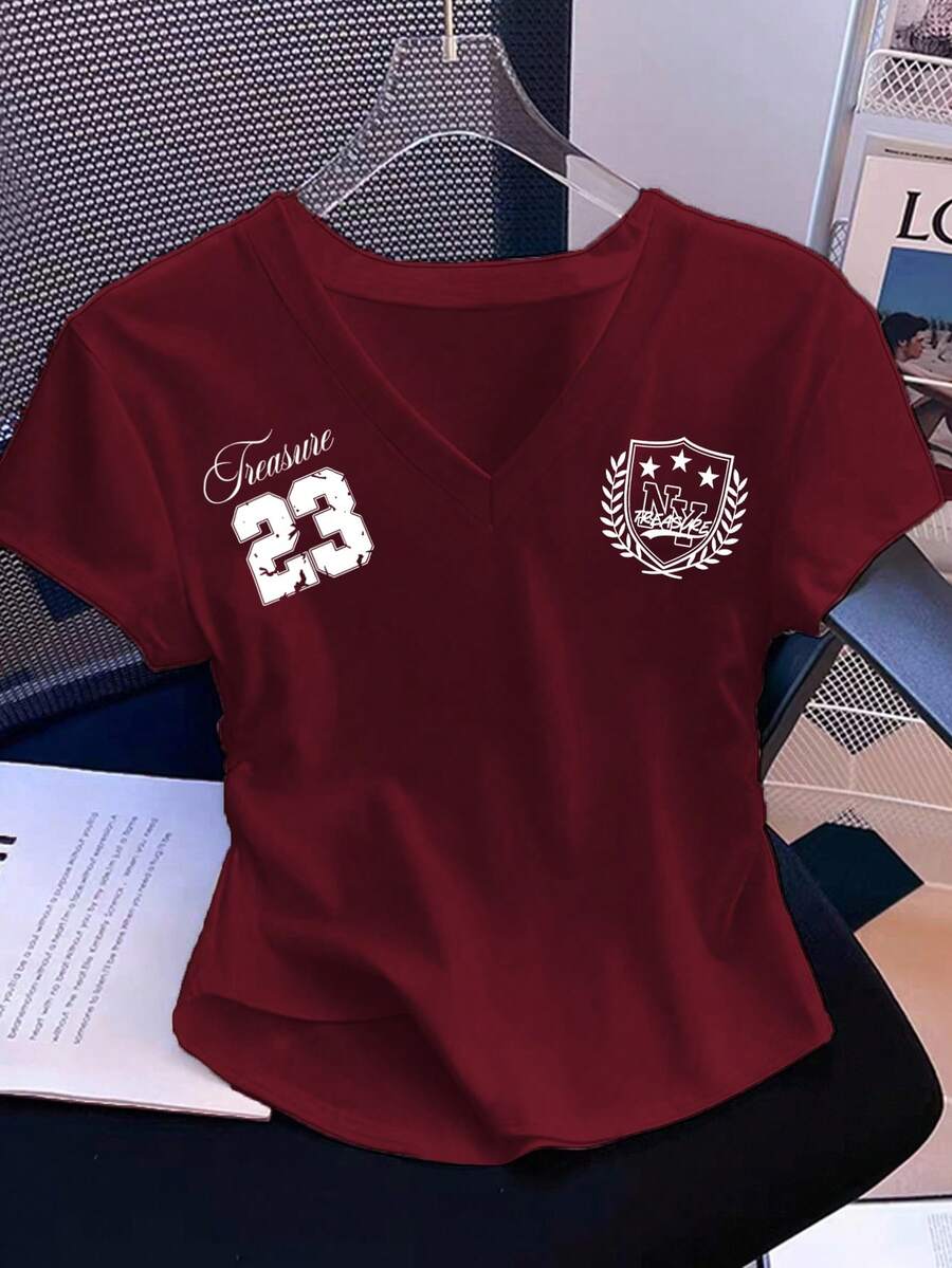 SHEIN EZwear 女士街头风印花V领褶皱短袖T恤 - 酒紅色 - 查看 1