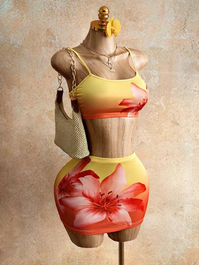 Mistrie Vacation Style Yellow To Orange Ombre Sleeveless Crop Top & Bodycon Mini Skirt 2 Pieces Set