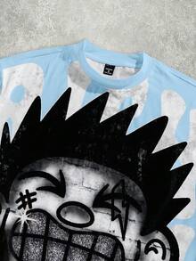 Manfinity ZONE917 男士卡通印花圆领短袖休闲露脐T恤 - 淺藍色 - 查看 6