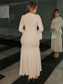 Maria Perezxox 女式优雅弹力修身鱼尾下摆荷叶边袖连衣裙，秋冬 - 卡其色 - 查看 2