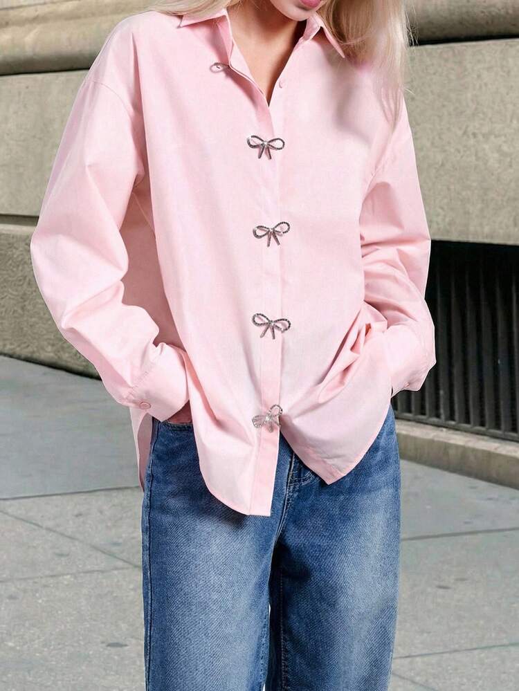 SHEIN Maija Women's Romantic Elegant Bow Tie Rhinestone Decor Pink Button Up Shirt,Graduation, Holidays