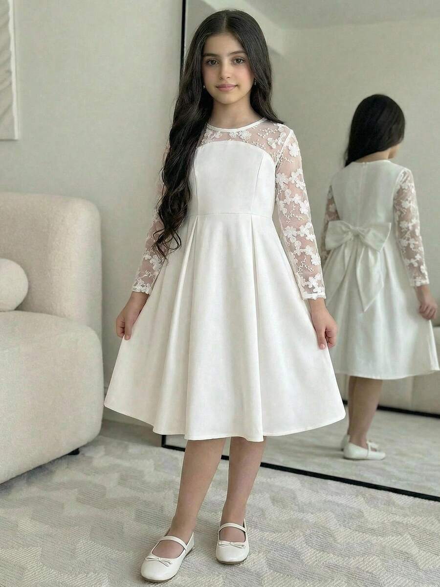 SHEIN 少女优雅公主风圆领大蝴蝶结装饰网纱刺绣3D花朵拼接纯色长袖连衣裙，白色，适合婚礼、花童、派对等场合 - 白色 - 查看 1