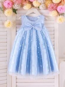 Blue Floral Mesh Bow Sleeveless Dress, Gentle & Elegant Young Girl Summer Party Gown, Vacation Mini Dress - Blue - View 6