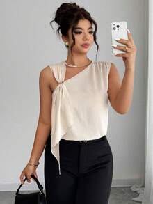 Elenzga Blouse asymétrique à nœud et boucle métallique pour femmes, port décontracté quotidien, printemps/été - Nude - Voir 5