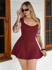 Arliah 女式纯色甜心领泡泡袖时尚迷你连衣裙 - 酒紅色 - 查看 1