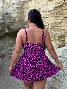 SHEIN Swim Curve 2026新款夏季海滩度假风玫红色豹纹性感优雅大码泳衣，大码连体/分体泳衣，蝴蝶结系带修身度假泳装 - 玫紅色 - 查看 7