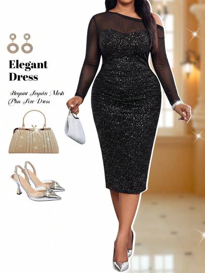 Fleurora 大码斜肩长袖修身亮片网纱拼接性感连衣裙