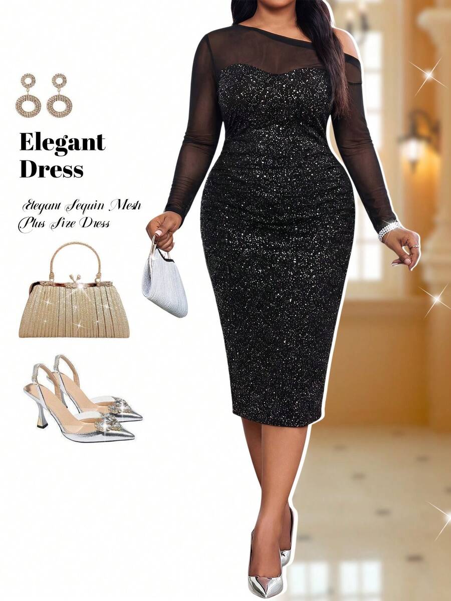 Fleurora 大码斜肩长袖修身亮片网纱拼接性感连衣裙