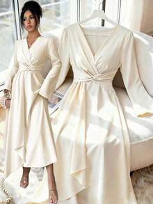 SHEIN Elenzya Robe longue élégante et romantique pour les vacances et le bureau avec manches évasées et ruban torsadé - Nude - Voir 1