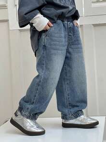 DAZY 男童休闲宽松弹力腰带牛仔裤，带口袋 - 藍色 - 查看 2