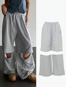 FRIFUL Women's Elastic Waist Detachable Wide Leg Sweatpants, Loose Fit Casual Pants For Spring To Summer - Grey - View 5