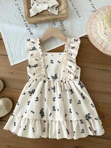 SHEIN 2pcs/ Baby Girl's Cute Summer Beige Sleeveless Halter-Neck,Textured Floral Print Dress With Ruffles,Family Matching Outings Decorative Headscarf - Apricot - View 9