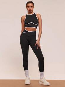 SHEIN BAE Damski krótki top z asymetrycznym stanem i legginsami sportowymi, zestaw do ćwiczeń na siłownię, strój fitness, zestaw legginsów do ćwiczeń, żebrowany zestaw do ćwiczeń dla kobiet - Czarne - Zobacz 9