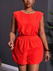 Veslaya Conjunto de top corto sin mangas y pantalones cortos de naranja elegante de alta gama para mujer talla grande, para primavera y verano 2026, para festivales de música, Pascua, estilo occidental, nómada, fiestas de cumpleaños, graduación, universidad, diario casual, básico, ocio, vacaciones, crucero, playa, tomar el sol, viral, ropa de calle, invitado de boda, ir al trabajo, brunch, aeropuerto, fiesta, salida de vacaciones, banquete elegante, baile, casual - Naranja - Ver 3