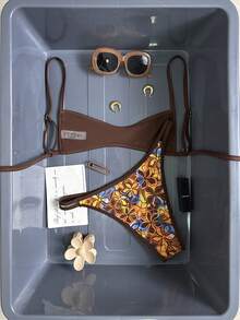 SoleilVie 女士夏季双层布料滚边设计吊带随机印花两件套泳衣，适合海滩度假 - 彩色 - 查看 7