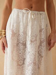 Silquee Saia feminina casual romântica com bordado em renda e cintura elástica, ideal para férias na primavera/verão. - Damasco - Ver 9