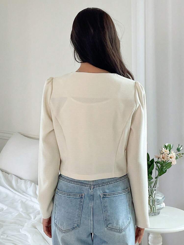 Solid Button Front Crop Blouse,Long Sleeve Tops Fall