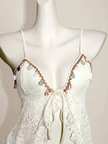 Swim Mod Women's Casual Vacation Apricot Lace Fabric Shell Tape Splicing Front Wavy Ruffle Tie Bikini Top, Summer - Apricot - View 4