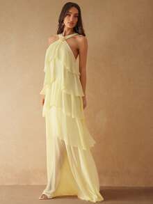 Silquee 女士纯色无袖荷叶边花卉装饰优雅长裙 - 淡黃色 - 查看 6