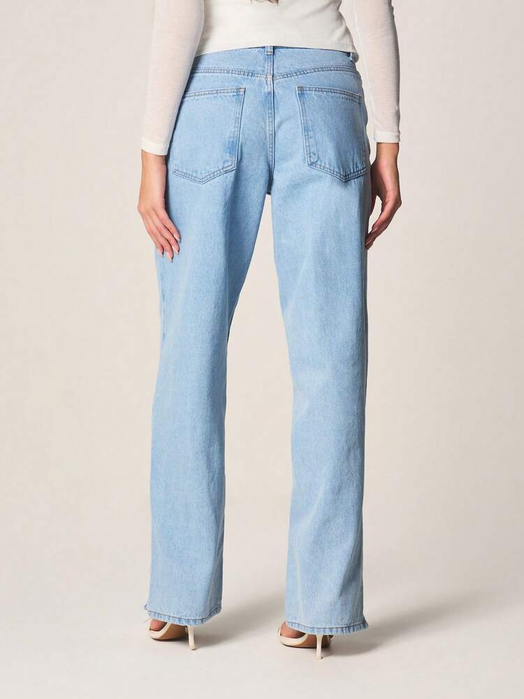 MISSGUIDED Light Blue Denim Straight Leg Jeans With Split Hem Cuffs High Waisted Classic 5 Pocket Casual Relaxed Fit